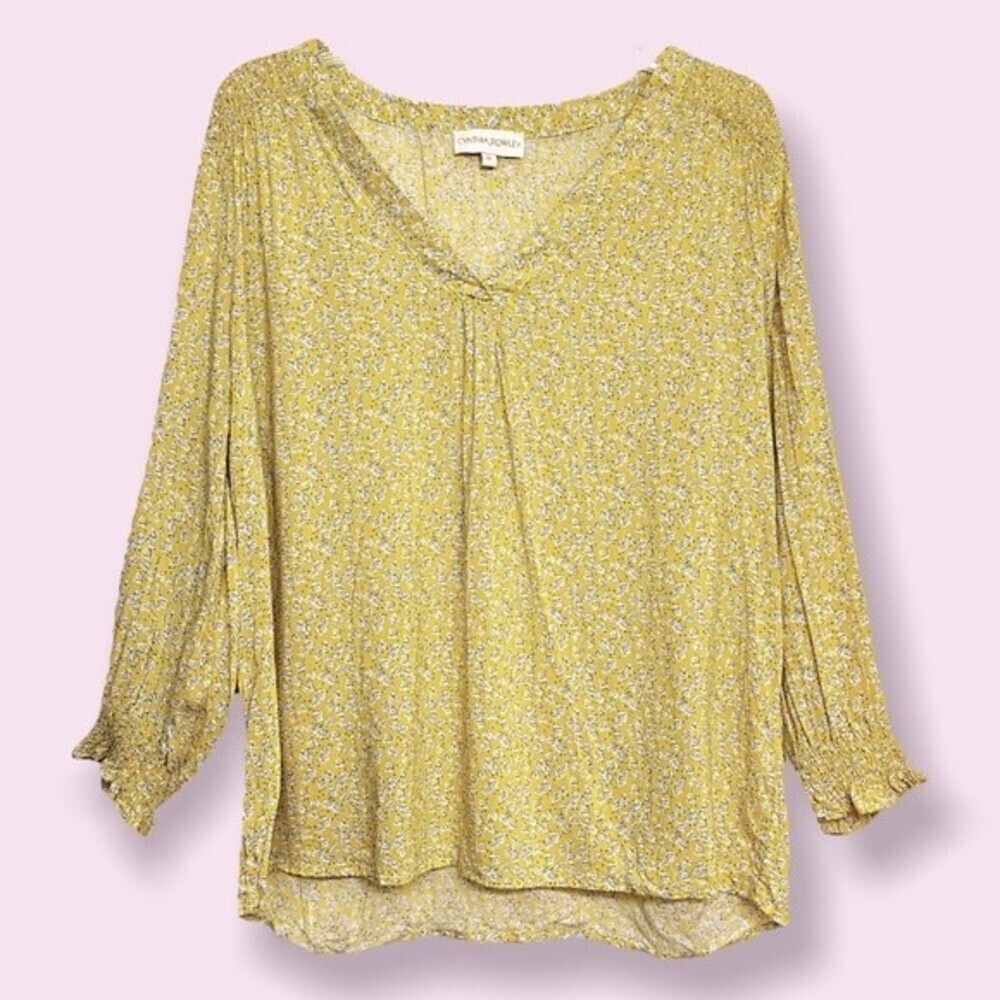 Cynthia Rowley Fall Leaves Patterned Blouse Yellow Long Sleeve V-Neck Womens XL